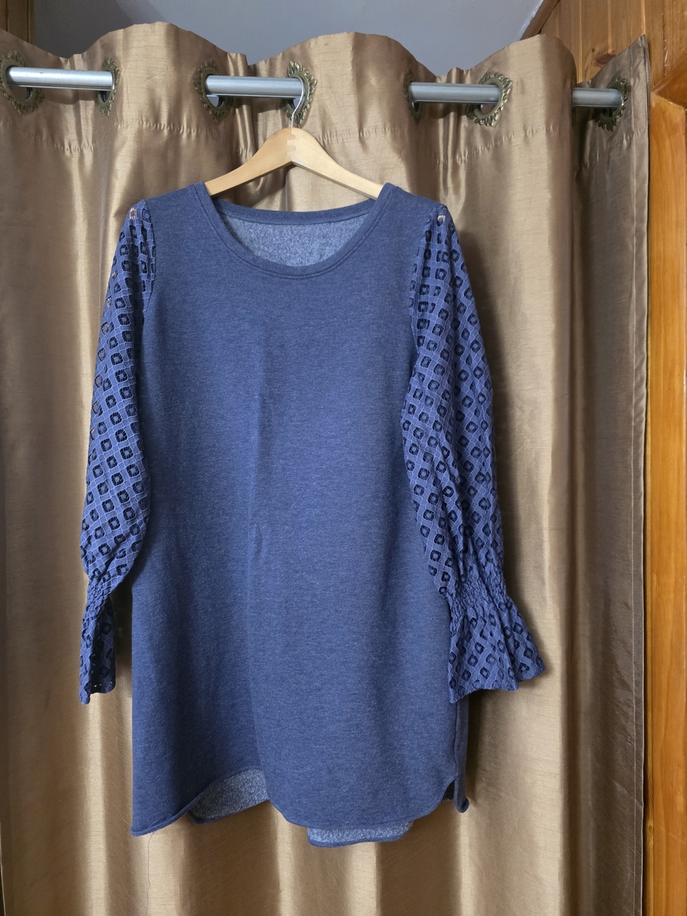 Women's Navy Blue Long Sleeve Top with Patterned Sleeves